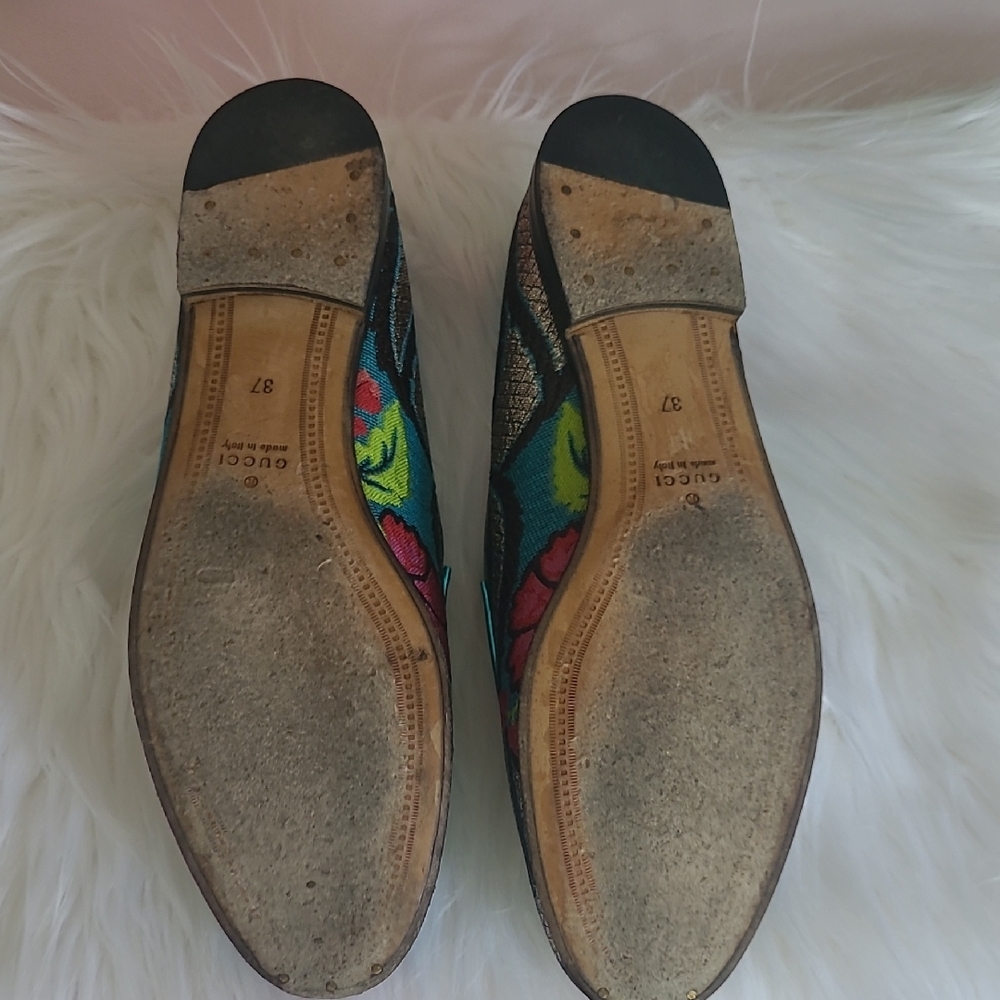Gucci Tapastry Brocade Nappa Silk Blue and Pink Floral Horsebit Loafers Size 37 - Picture 4 of 6